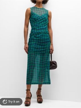 Simon Miller Green and Blue Plaid Sleeveless Ruched Midi Dress